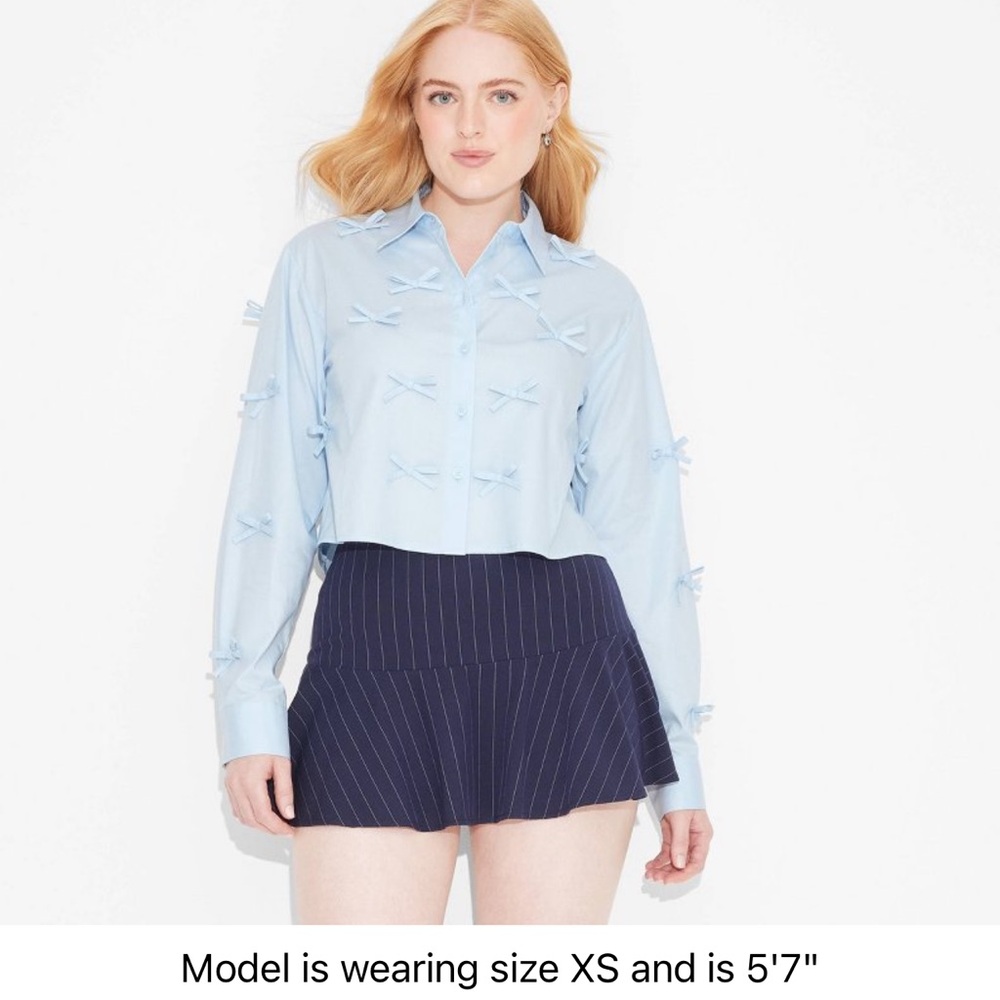 NWT baby blue Long Sleeve Cropped Bow Button-Down Shirt - Wild Fable